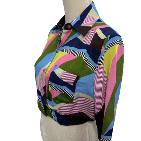 LE SUPERBE Interrupted Pattern Sunset Tower Tuck Silk Blouse Women’s Sz 0 - Picture 3 of 11